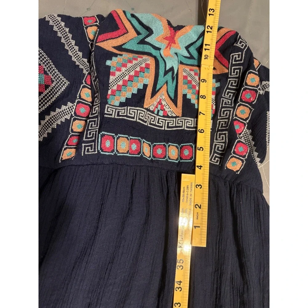 Maurices Navy Blue Embroidered Strapless Maxi Dress Boho Geometric Slit Large - Picture 5 of 7